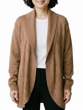 EILEEN FISHER light brown/tan 100% Merino Wool mixed knit open cardigan Size XL